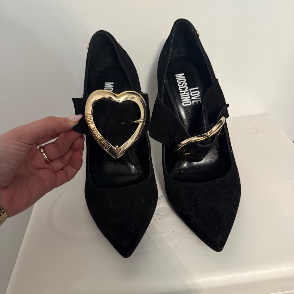 Love Moschino Black Heels with Gold Heart Accent